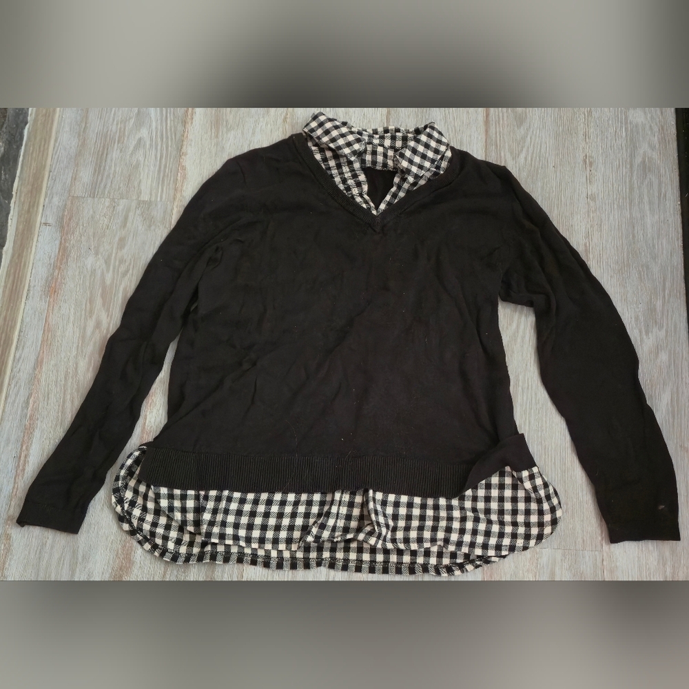 Joan Rivers V-Neck Sweater with Check Flannel Detail
